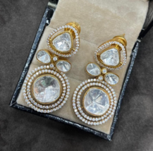 Indian Bollywood Style Gold Plated 925 Sterling Silver Moissanite Polki Earrings - £280.09 GBP
