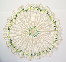 Vintage Crochet Cotton Lace Multi Green &amp; Cream Round Doily Mat Center T... - £13.98 GBP