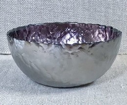 Textured Pewter Decorative Bowl With Glossy Purple Enamel Interior Scalloped Rim - £15.77 GBP