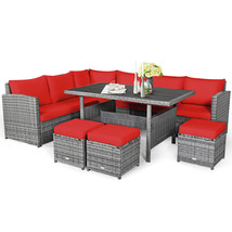 7 Pcs Patio Rattan Dining Set Sectional Sofa Couch Ottoman Garden Red - £748.26 GBP