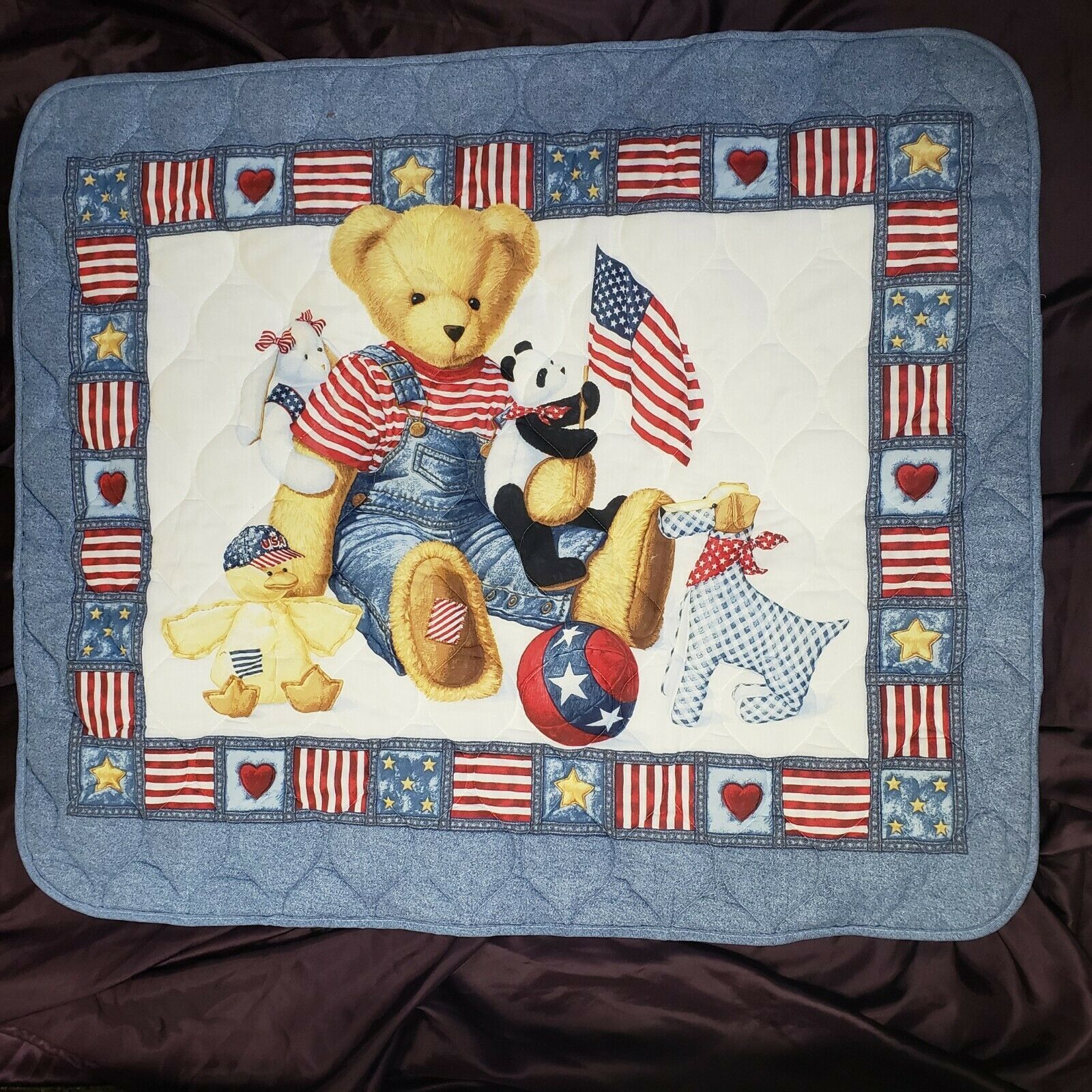 Blue Jean Teddy Bear Americana Baby Quilt Comforter Blanket Panda Dog Bunny Duck - $49.49