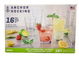 Anchor Hocking Swivel Glass Drinkware Set 16Pc (8) 15.7oz (8) 12oz Unique Design - £31.44 GBP
