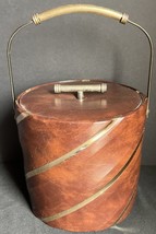 Vintage Mid Century Ice Bucket Brown Faux Leather with Gold Look Strap &amp; Handle - £14.42 GBP