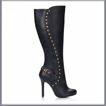 Gothic Wide Leg Buckle Strap Rivet Black Leather Side Zip Up Heel Stiletto Boots image 1
