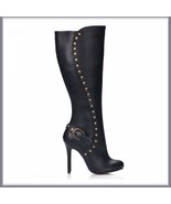 Gothic Wide Leg Buckle Strap Rivet Black Leather Side Zip Up Heel Stilet... - £273.22 GBP