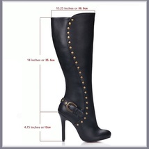 Gothic Wide Leg Buckle Strap Rivet Black Leather Side Zip Up Heel Stiletto Boots image 2