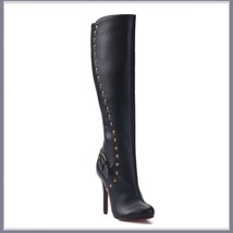 Gothic Wide Leg Buckle Strap Rivet Black Leather Side Zip Up Heel Stiletto Boots image 3