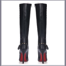 Gothic Wide Leg Buckle Strap Rivet Black Leather Side Zip Up Heel Stiletto Boots image 5