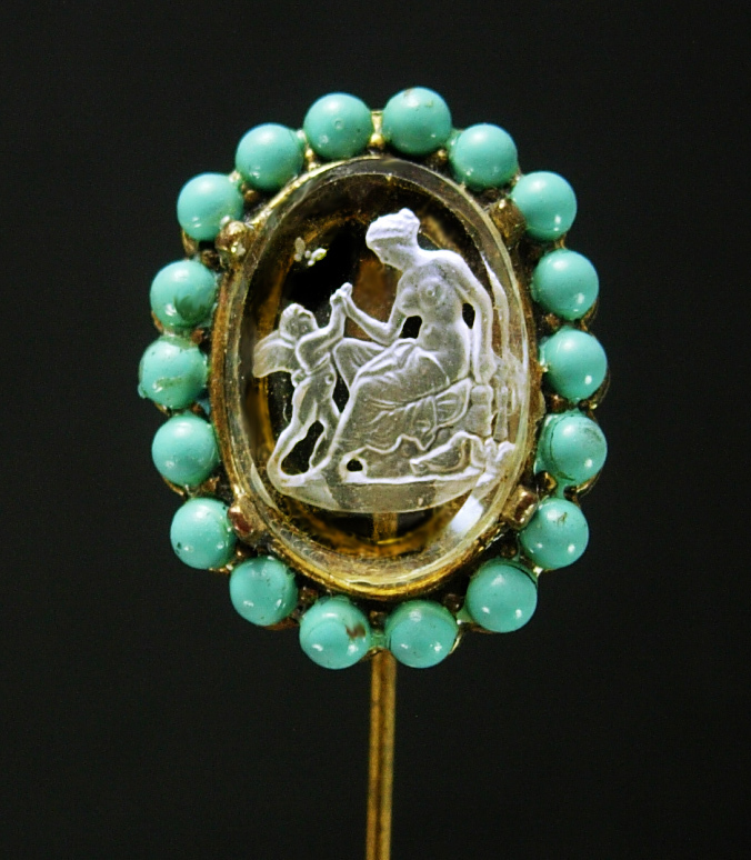 Primary image for Antique Nude Stickpin Turquoise Bavarian crystal Reverse carved glass intaglio 