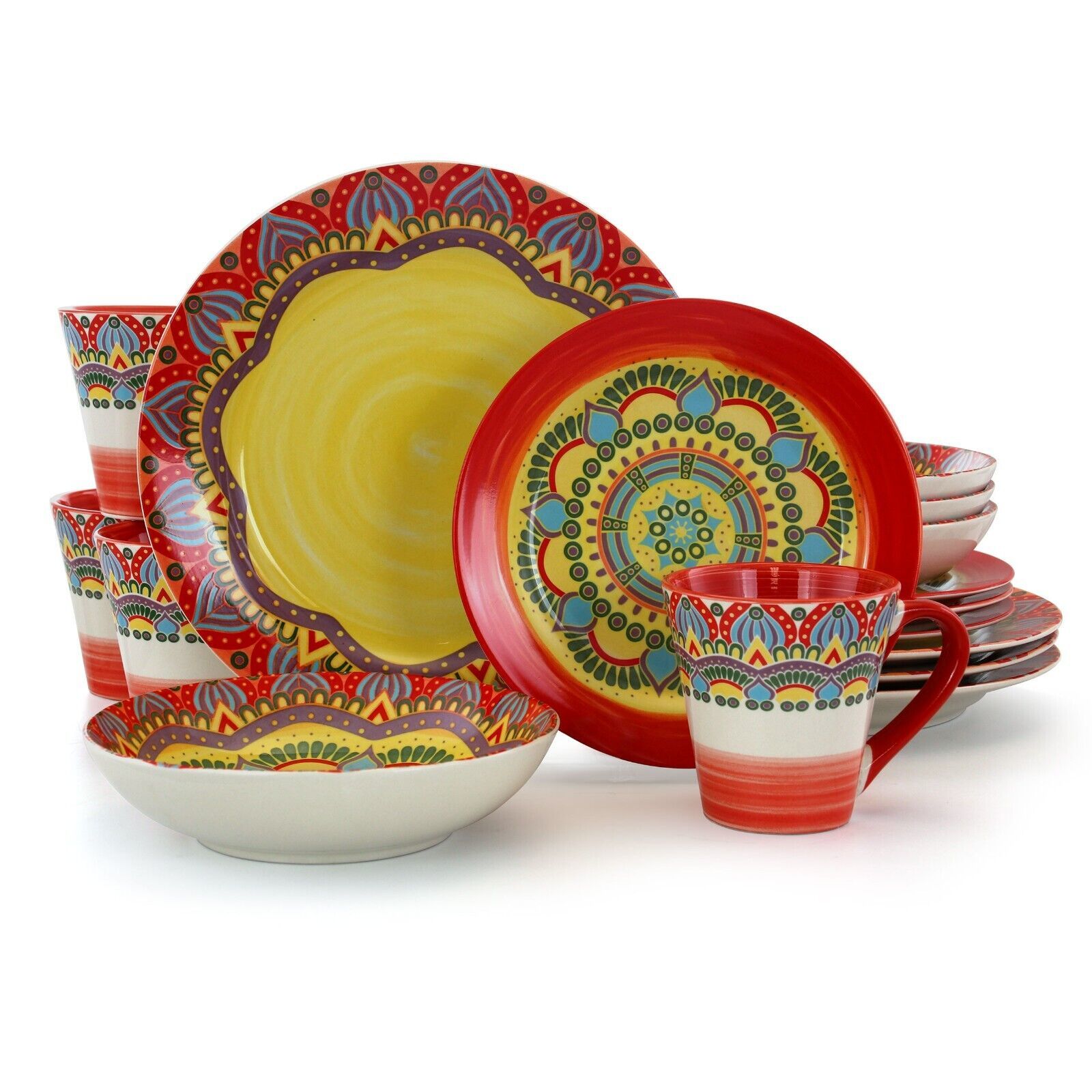 Primary image for Elama Zen RED Mozaik 16 Pc Round Bohemian Mosaic Stoneware Dinnerware Set