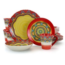 Elama Zen RED Mozaik 16 Pc Round Bohemian Mosaic Stoneware Dinnerware Set - £60.56 GBP