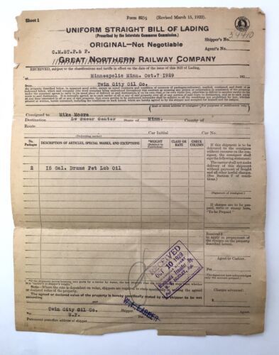 1929 Great Northern Railway Company Uniform Straight Bill of Lading ...
