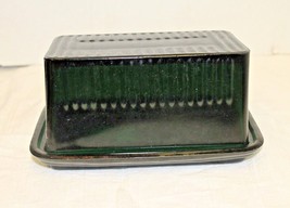 Large Dark Green Glass Butter Dish Embossed Retro Depression Style - $20.00