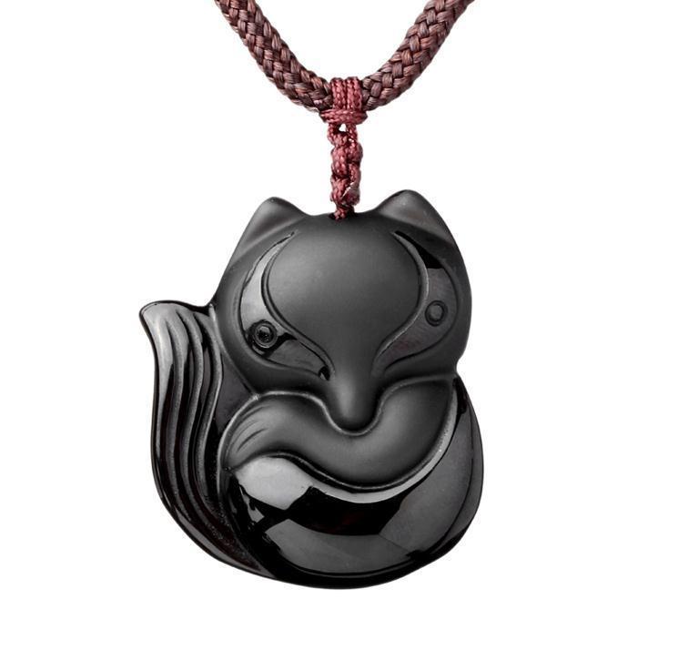 Hand carved natural Obsidian stone fox good luck  pendant necklace - $14.84