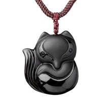 Hand carved natural Obsidian stone fox good luck  pendant necklace - $14.84