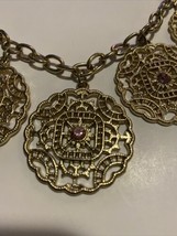 Vintage Filigree and Pink Rhinestone Chunky Boho Necklace Medallions Gol... - £16.43 GBP