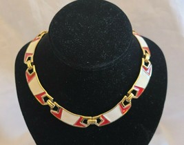 Vintage Signed Monet Gold Tone Choker Cream and Red Enamel Link Collar Necklace - £119.87 GBP