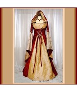 Renaissance Victorian Medieval Flare Sleeve Deep Red Gold Jacquard Lace Up - £119.84 GBP