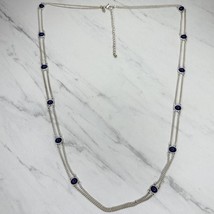 Chico&#39;s Blue Cabochon Double Strand Long Silver Tone Chain Link Station Necklace - £15.78 GBP