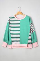 Green Stripe Color Block Exposed Seam Side Slit Plus Size Sweatshirt - $22.67