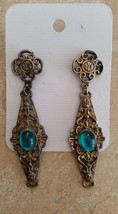 Vintage Victorian Green &amp; Goldtone Dangle Earrings For Pierced Ears - £14.34 GBP