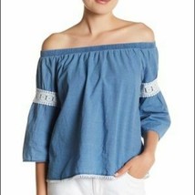 NWT JOE&#39;S JEANS  M off the shoulder shirt top chambray lace trim blue 3/4 sleeve - £30.37 GBP