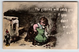 Halloween Postcard The Goblins Will Catch You Girl Doll Nutcracker Bench... - £112.80 GBP