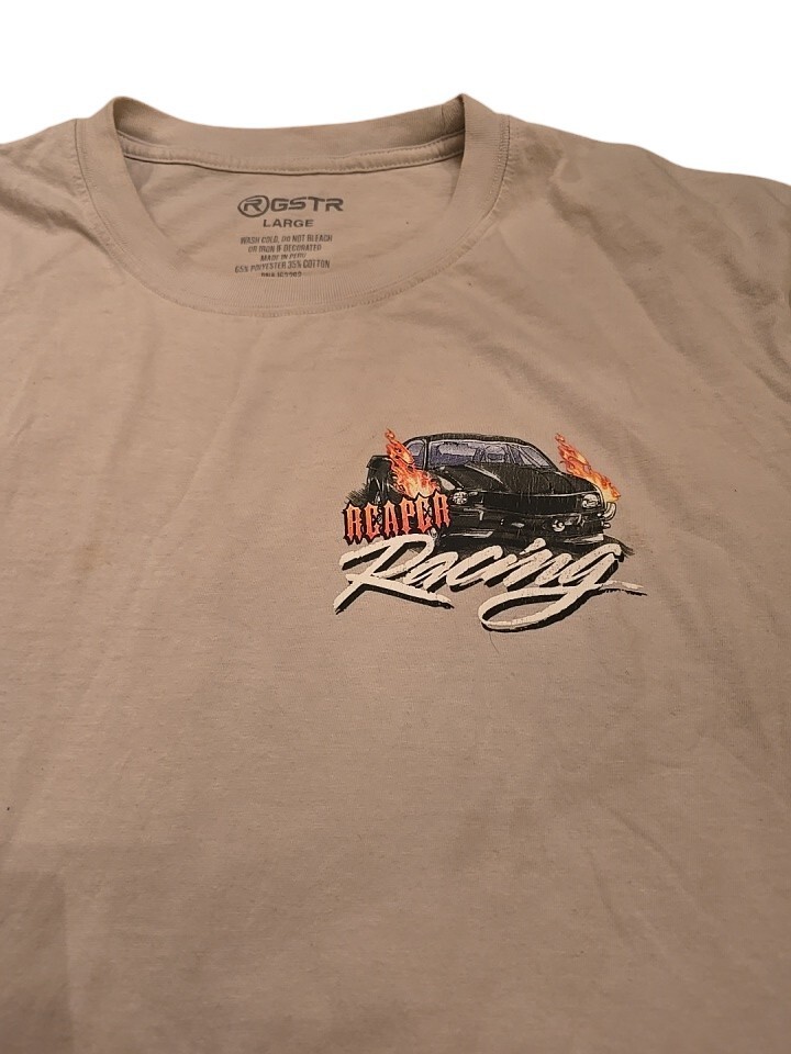 Grim Reaper Racing T-Shirt Men’s L Beige Skull Biker RGSTR Tee Cool Graphic Top Item image 3