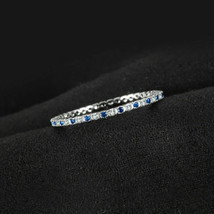 1Ct Round Cut Blue Saphire &amp; Diamond 14K White Gold Over Women&#39;s Wedding Band - £60.71 GBP