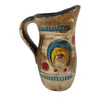 Vintage Native Symbol Pitcher Pottery Southwestern Design Brown Red Yellow Blue - £15.75 GBP