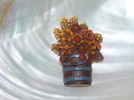 Vintage Hallmark Signed Fall Flower Bouquet in Faux Wood Bucket Plastic Pin Broo - £6.88 GBP