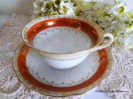 Chikaramachi Hand Painted Porcelain China Red and Gold Tea Cup Saucer Vintage - £15.62 GBP