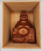 Vtg Hand Carved Teak Wood Happy Buddha Sculpture in Box Large - £105.54 GBP