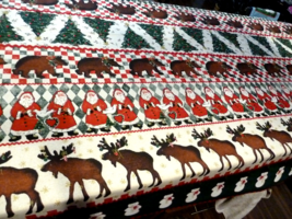Christmas Tablecloth Fabric Santas Moose Snowman Bears Trees 86&quot; x 62&quot; C... - £18.27 GBP