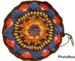 Handmade Blue Yellow Pink Brown Purple Crochet Doily 12 Inch Colorful Vintage - £13.03 GBP