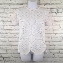 Shein Womens Blouse XS White Crochet Lace Sheer See Through Front Short Sleeve - £13.32 GBP