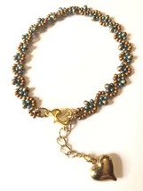 Bronzed Gold Beaded Bracelet Green Heart Clasp Charm  minimalist NEW - £12.50 GBP