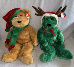 2 Ty Beanie Buddy 2003/2004 Holiday Teddy Bears Plush Holly Hat Reindeer Antlers - £15.97 GBP