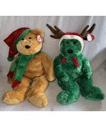 2 Ty Beanie Buddy 2003/2004 Holiday Teddy Bears Plush Holly Hat Reindeer... - $19.99