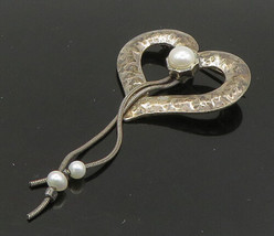 ISRAEL 925 Silver - Vintage Cultured Pearls Hammered Heart Brooch Pin - BP9255 - £58.85 GBP