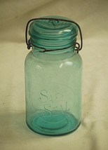 Old Vintage 1 Quart Blue Safe Seal Glass Canning Jar w Wire Bail &amp; Glass... - £23.29 GBP