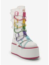 YRU Glitch White &amp; Rainbow Chain Kawaii Rave Platform Boots Size 10 - £94.88 GBP