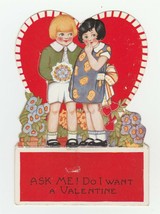 Vintage Valentine Card Girl and Boy Nosegay Ask Me 1920&#39;s Die Cut - £7.09 GBP