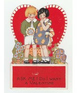 Vintage Valentine Card Girl and Boy Nosegay Ask Me 1920&#39;s Die Cut - £6.95 GBP