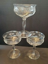 3 CRYSTAL ETCHED CHAMPAGNE/SHERBET GOBLETS 5&quot; - £14.55 GBP