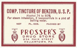 Antique Pharmacy Label COMP. TINCTURE OF BENZOIN Prosser&#39;s Drug Store He... - $28.11