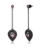 Black Plated Stainless Steel Pear Cut Pink Crystal Dangle Earrings TK316 - $23.28 CAD