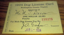 VTG 1924 Male Dog License Card Rockingham County Virginia Harrisonburg VA - £23.97 GBP