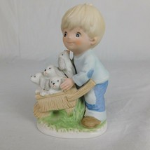 Vintage Homco Porcelain Boy With Puppies In Wheelbarrow Figurine 1402 Spring - £7.81 GBP