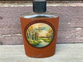 VINTAGE CLARKSVILLE TENNESSEE GLASS LEATHER COVERED FLASK SOUVENIR - $29.65